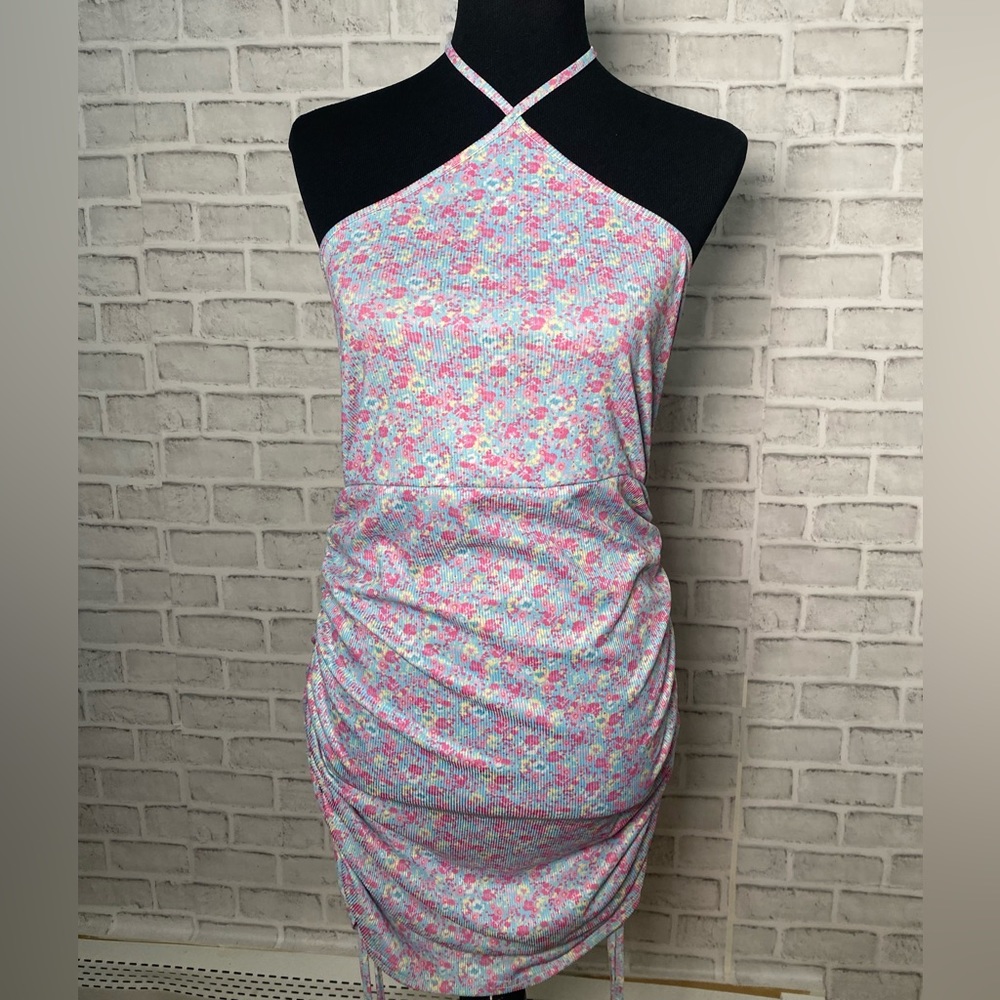 Petite Lilac Floral Halter Ruched Mini Dress